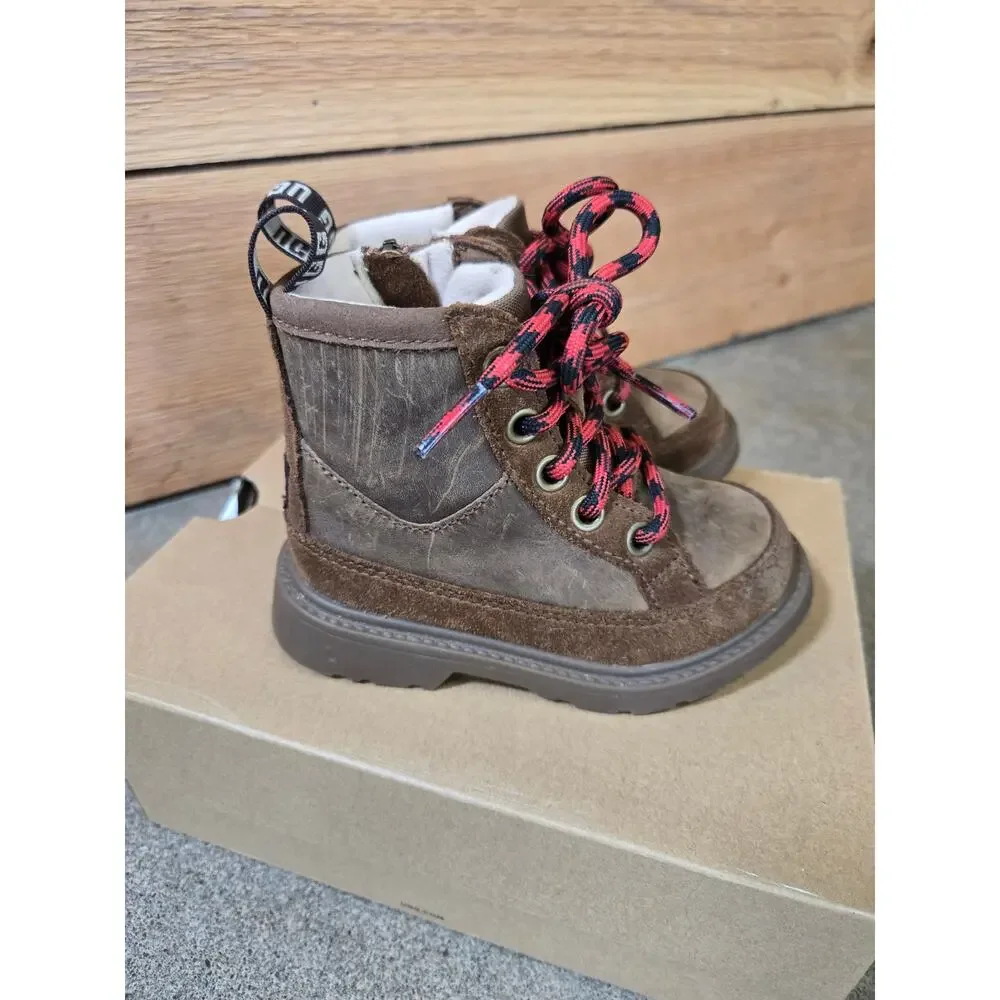 UGG Rennon II Hickory Leather Suede Toddler Boots Brown Red Laces Size 7